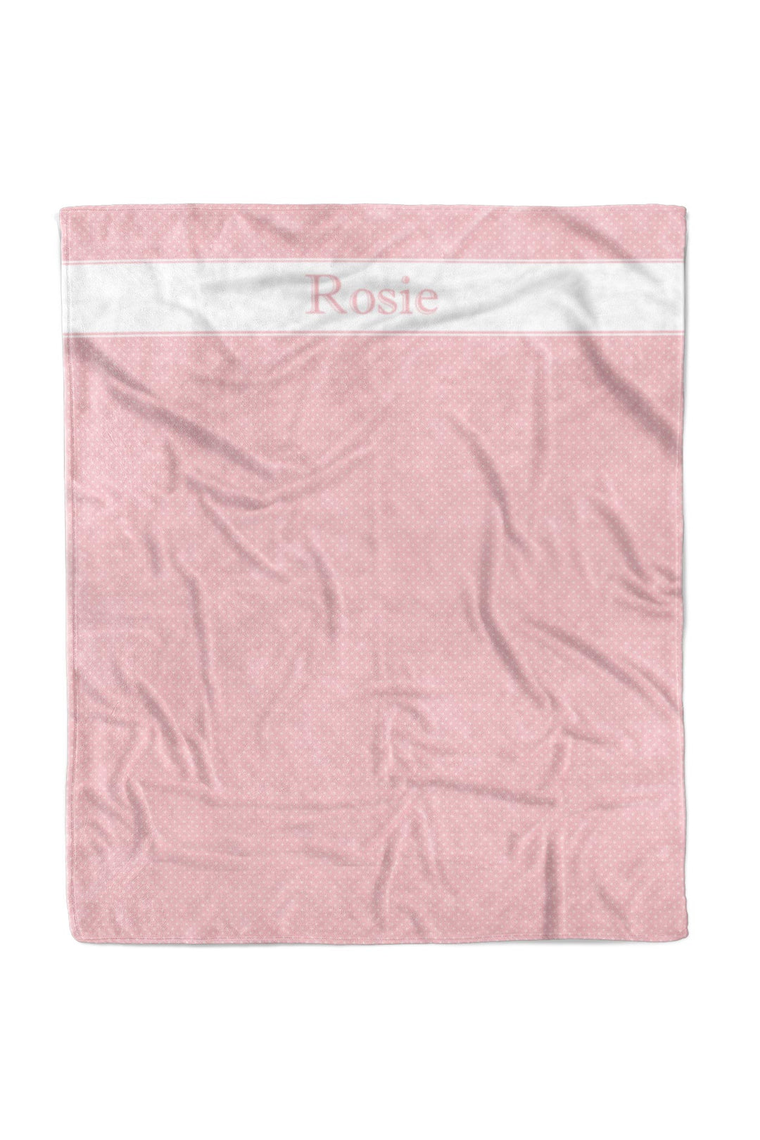 Pink polka dot pet blanket with white satin top border, personalized with the name Rosie in pink script lettering