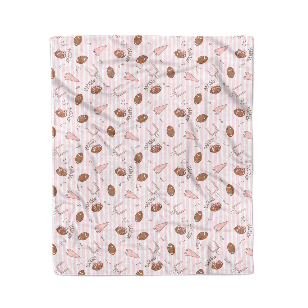 pink football blanket with stripes personalized with name for kids 