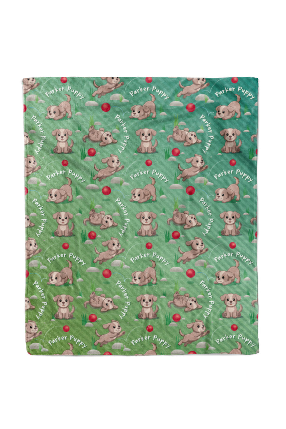 Flat lay of a Caden Lane personalized "Parker Puppy" fleece baby blanket in a green ombre pattern, covered in a repeating print of a playful puppy character with a red ball and "Parker Puppy" text arched throughout