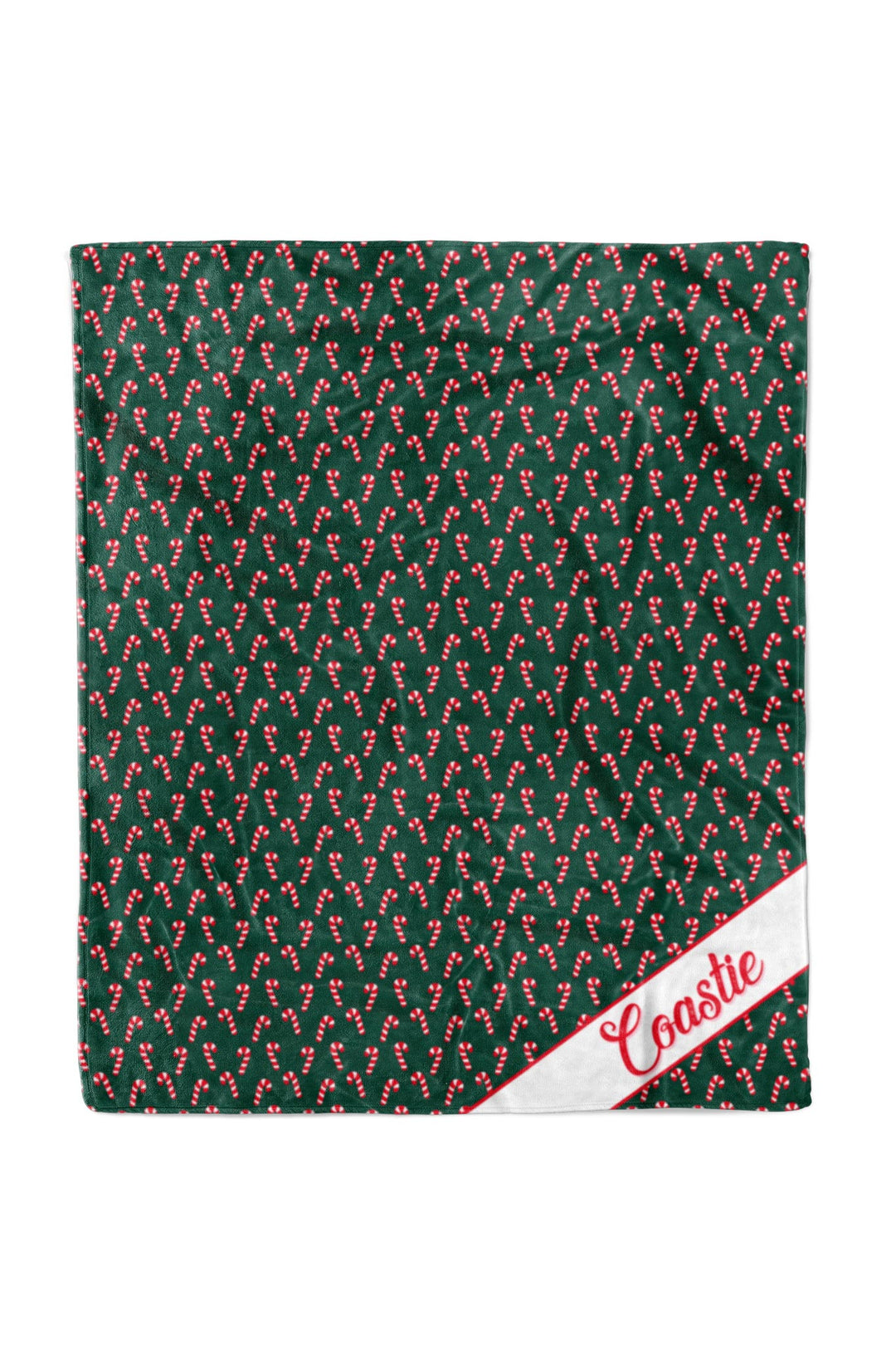 Lane & Leash personalized Christmas pet blanket  featuring a dark green blanket with a repeating red and white candy cane pattern, featuring a white diagonal border on the bottom right with the word 'Coastie' in red script.