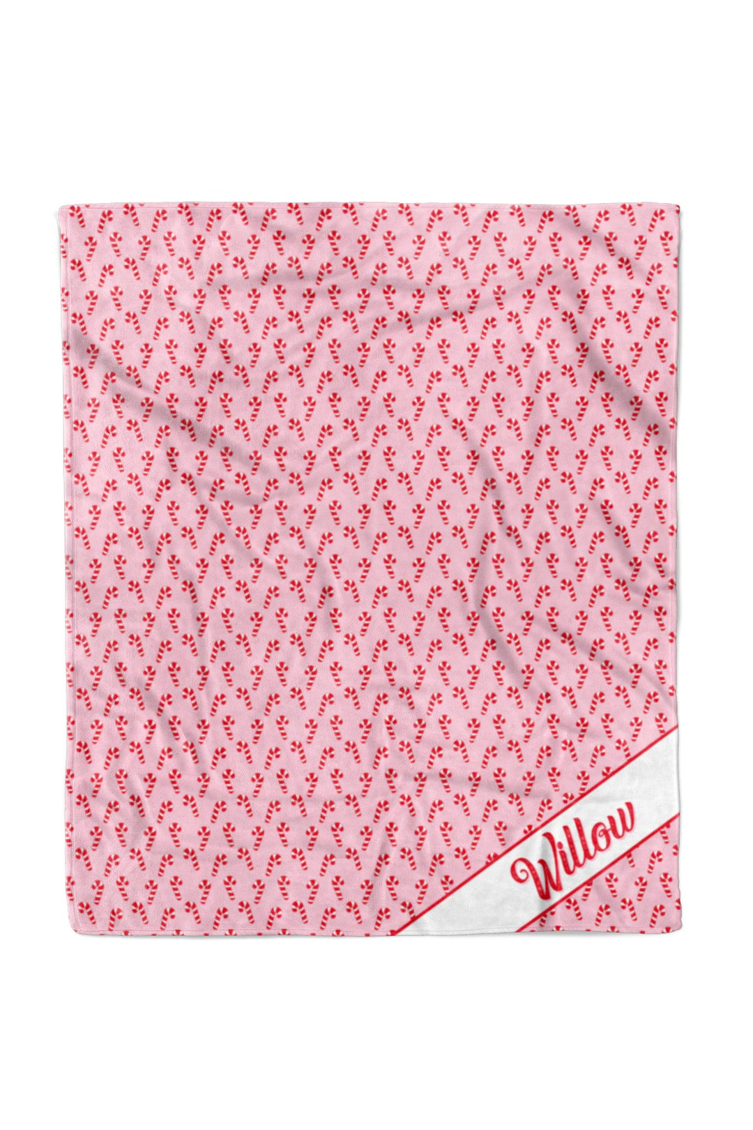 Lane & Leash personalized Christmas pet blanket  featuring a pink and red repeating  candy cane pattern, featuring a white diagonal banner at the bottom right with the name 'Willow' in red script.