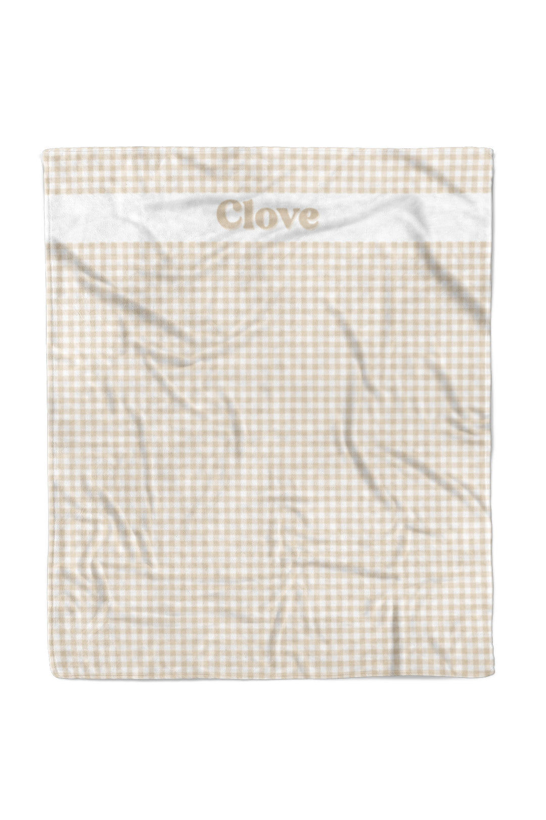 A Lane & Leash baby blanket with a beige and white gingham check pattern, featuring a white top border with the name 'Clove' embroidered in gold.