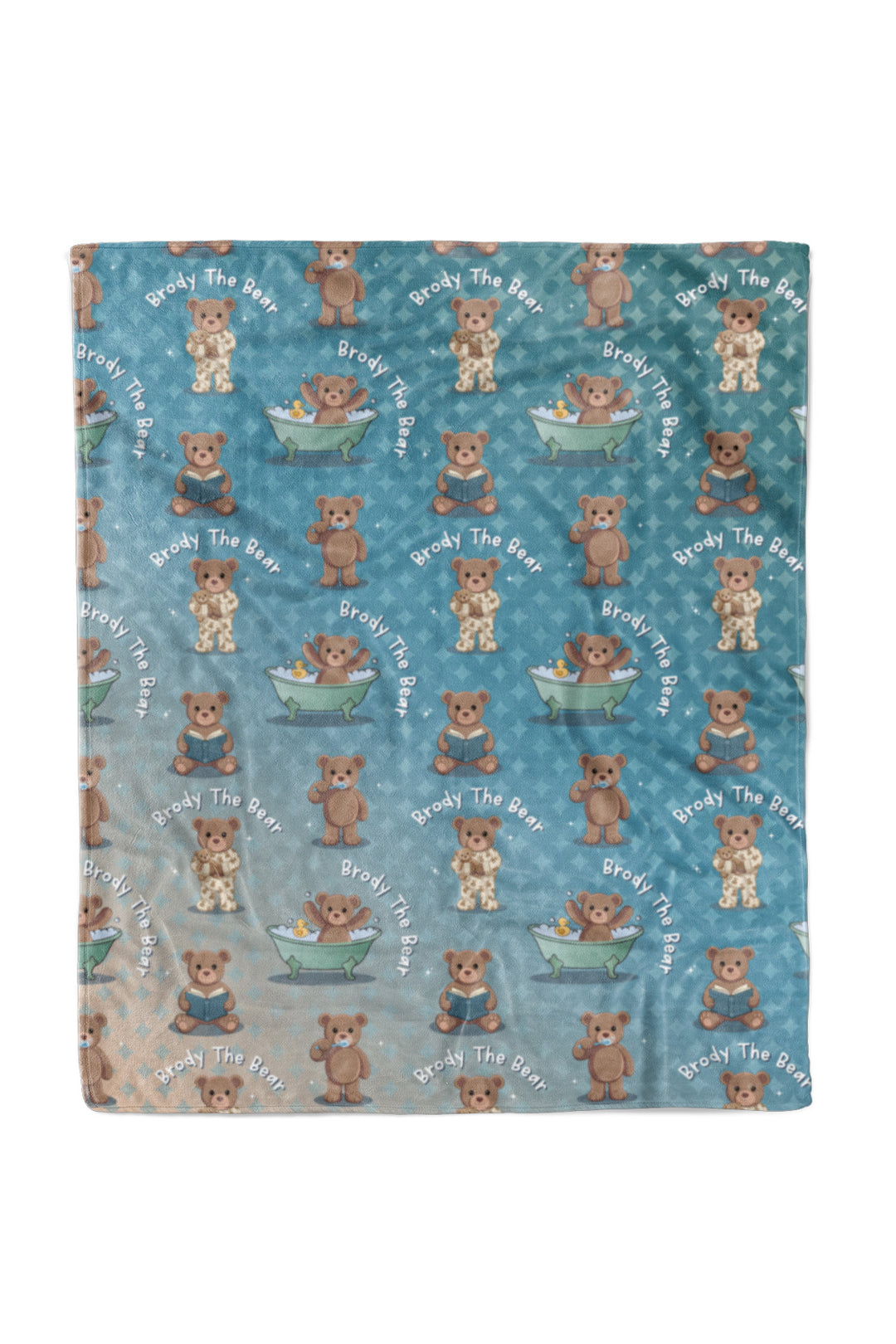 Flat lay of a Caden Lane personalized "Brody The Bear" fleece baby blanket in a blue-to-tan ombre pattern, covered in a repeating print of a teddy bear in different bedtime-routine poses like bathing, reading, and holding a teddy, with "Brody The Bear" text arched throughout.