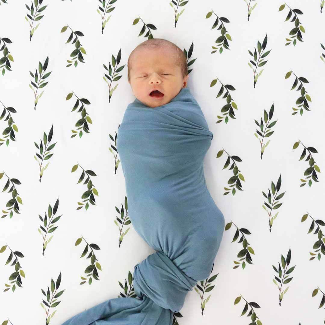 solid dusty blue bamboo knit swaddle blanket 