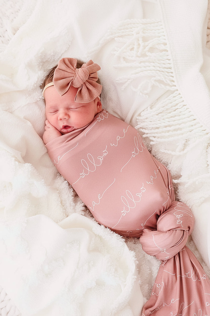 Birth Announcement Baby Name Swaddle Blanket Millie's Dusty Rose