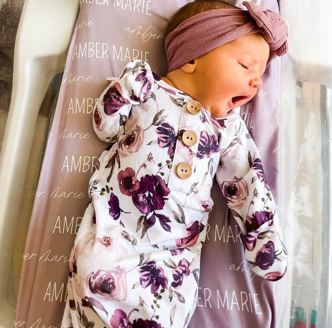 dusty purple floral newborn knot gown