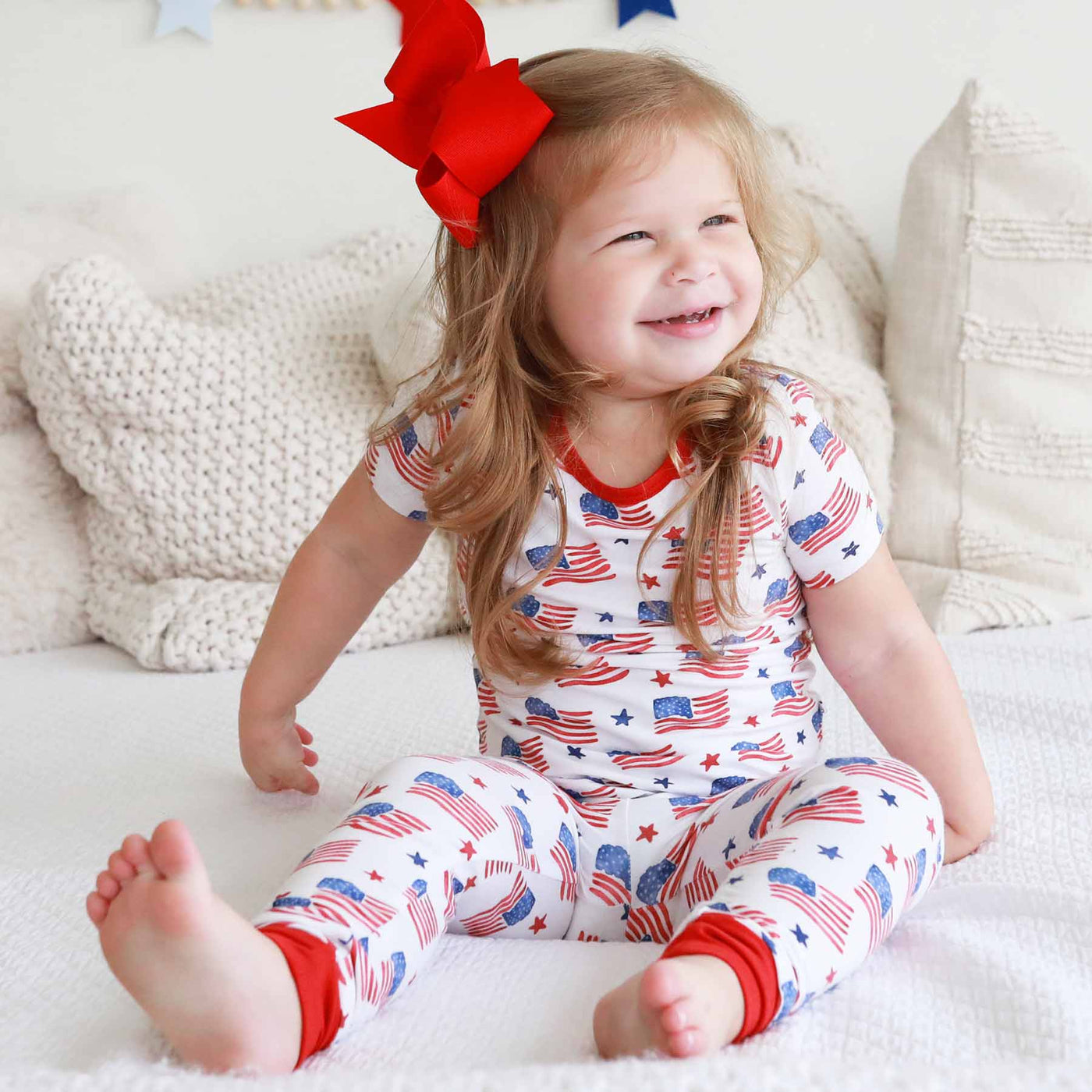 two piece pajama set for kids with flag for the 4th of july 