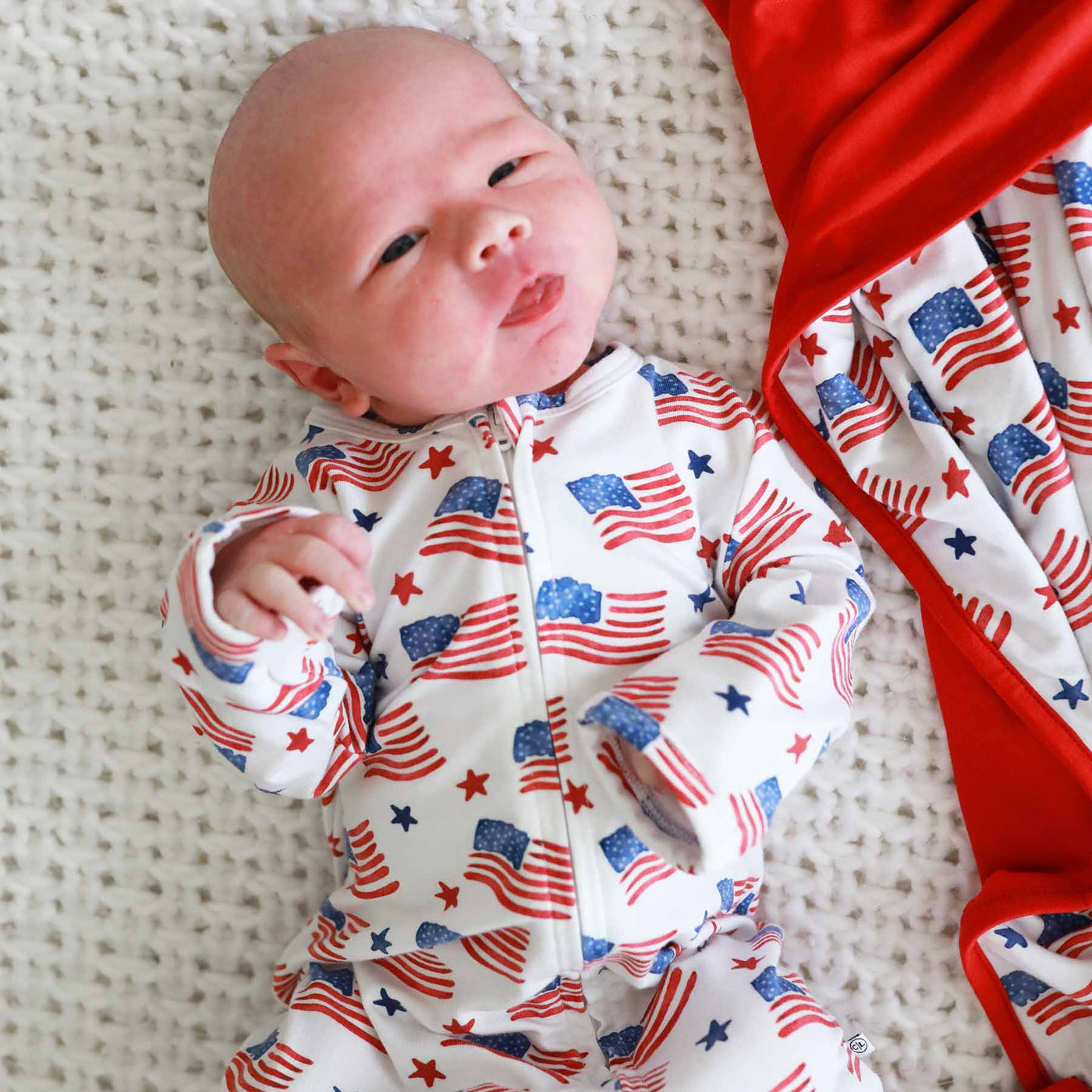 4th of july baby zipper footie with flags 