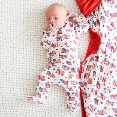 4th of july baby zipper footie with american flags and stars