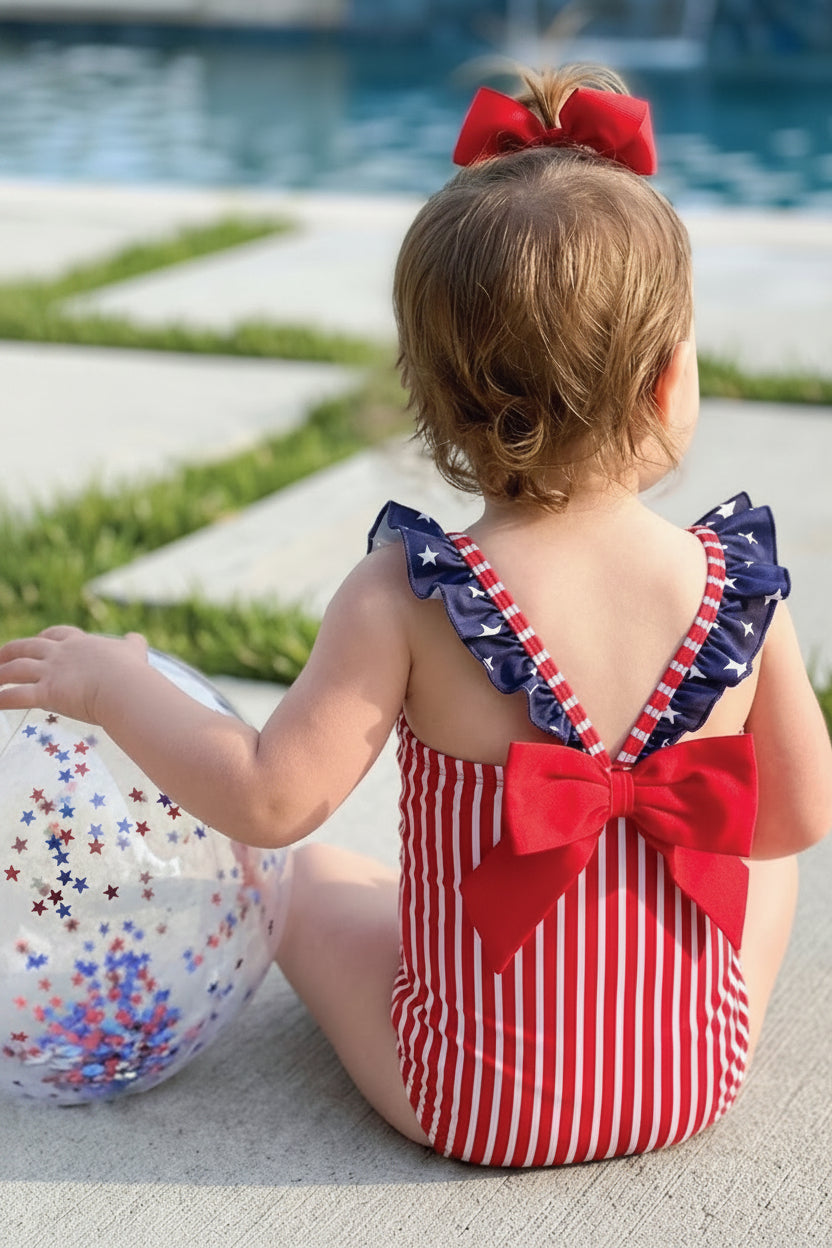 Baby girl double ruffle bow back one piece swimsuit | Stars & Stripes Party 4th of July swim | Caden Lane