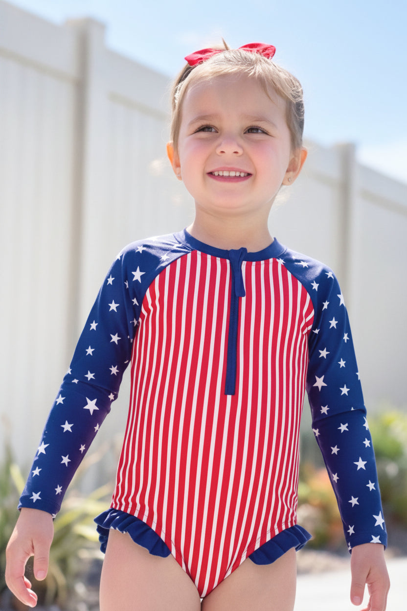 Long Sleeve Rash Guard with Front Zipper | Stars & Stripes Party