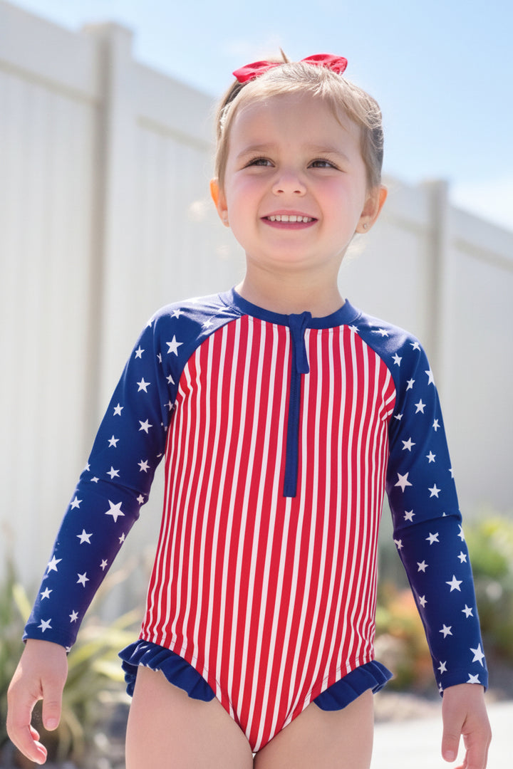 Stars & Stripes Party kids long sleeve rash guard with front zipper detail view 5 | 4th of July kids swim | Caden Lane