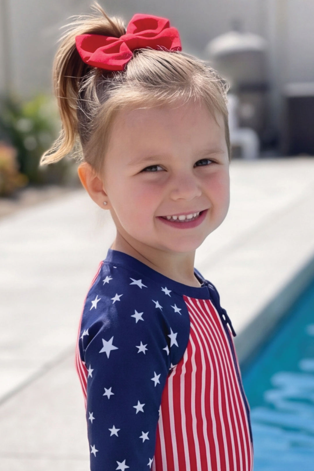 Stars & Stripes Party kids long sleeve rash guard with front zipper detail view 12 | 4th of July kids swim | Caden Lane