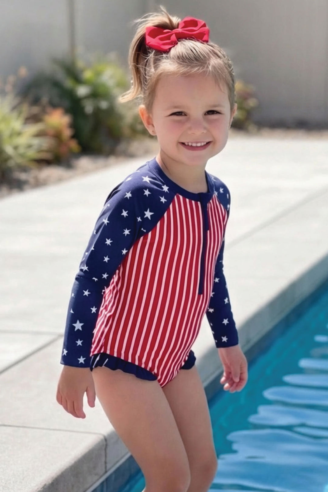 Stars & Stripes Party kids long sleeve rash guard with front zipper detail view 15 | 4th of July kids swim | Caden Lane