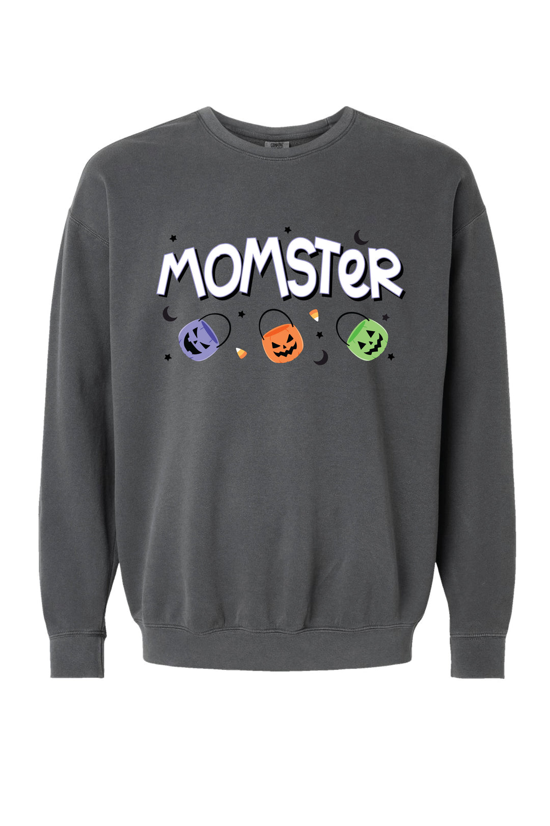 Charcoal grey adult sweatshirt with white 'MOMSTER' block lettering and three colorful jack-o-lantern candy bucket icons below