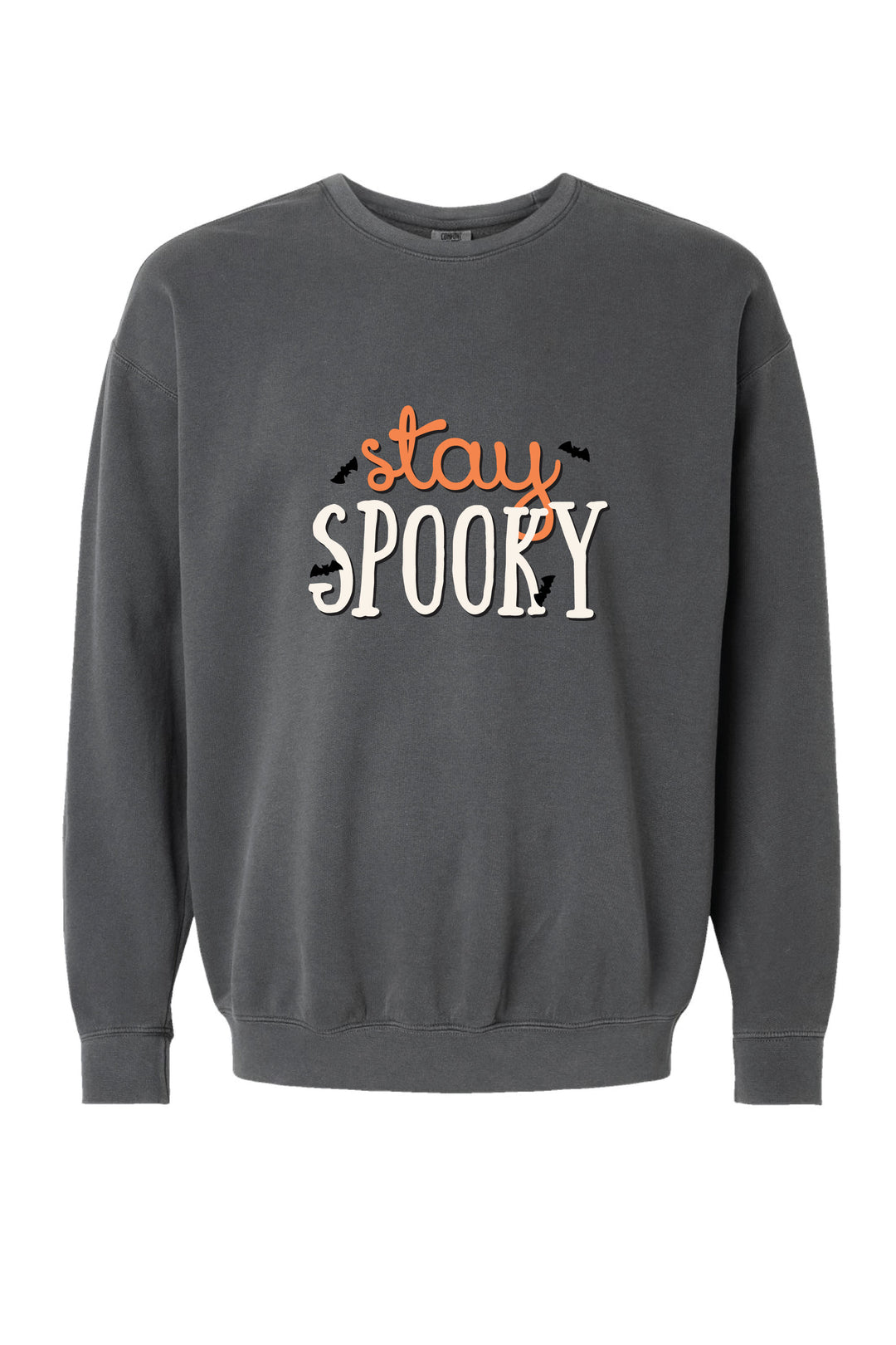 Charcoal grey adult sweatshirt with orange 'stay' script text and white 'SPOOKY' block lettering surrounded by small bat graphics