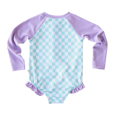 long sleeve rash guard shirt with front zipper green checkered with purple 