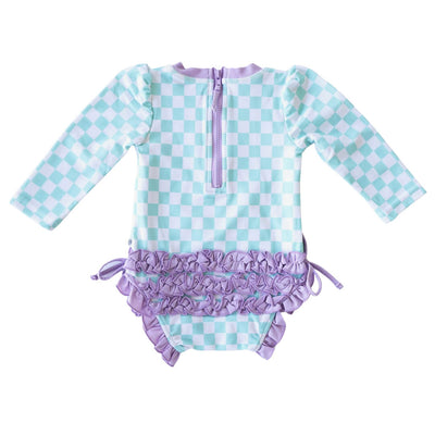 purple ruffle swimsuit checkered for kids long sleeve rash guard 