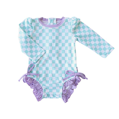 ruffle butt rash guard shirt for babies mint checkered print with purple 