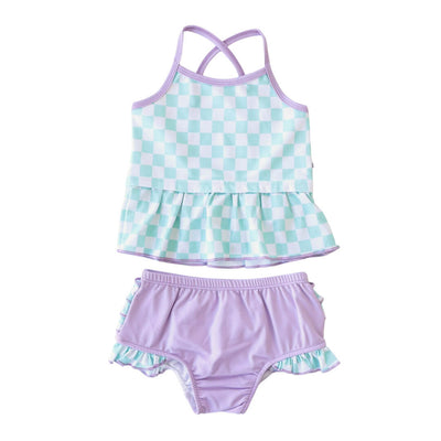 purple and mint check ruffle bottom swimsuit for kids