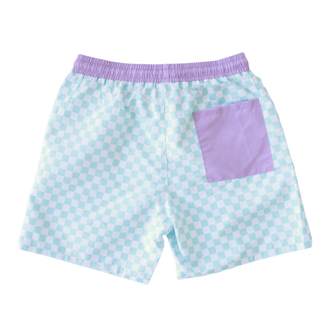 green and purple checkered men's swim trunks with pockets 