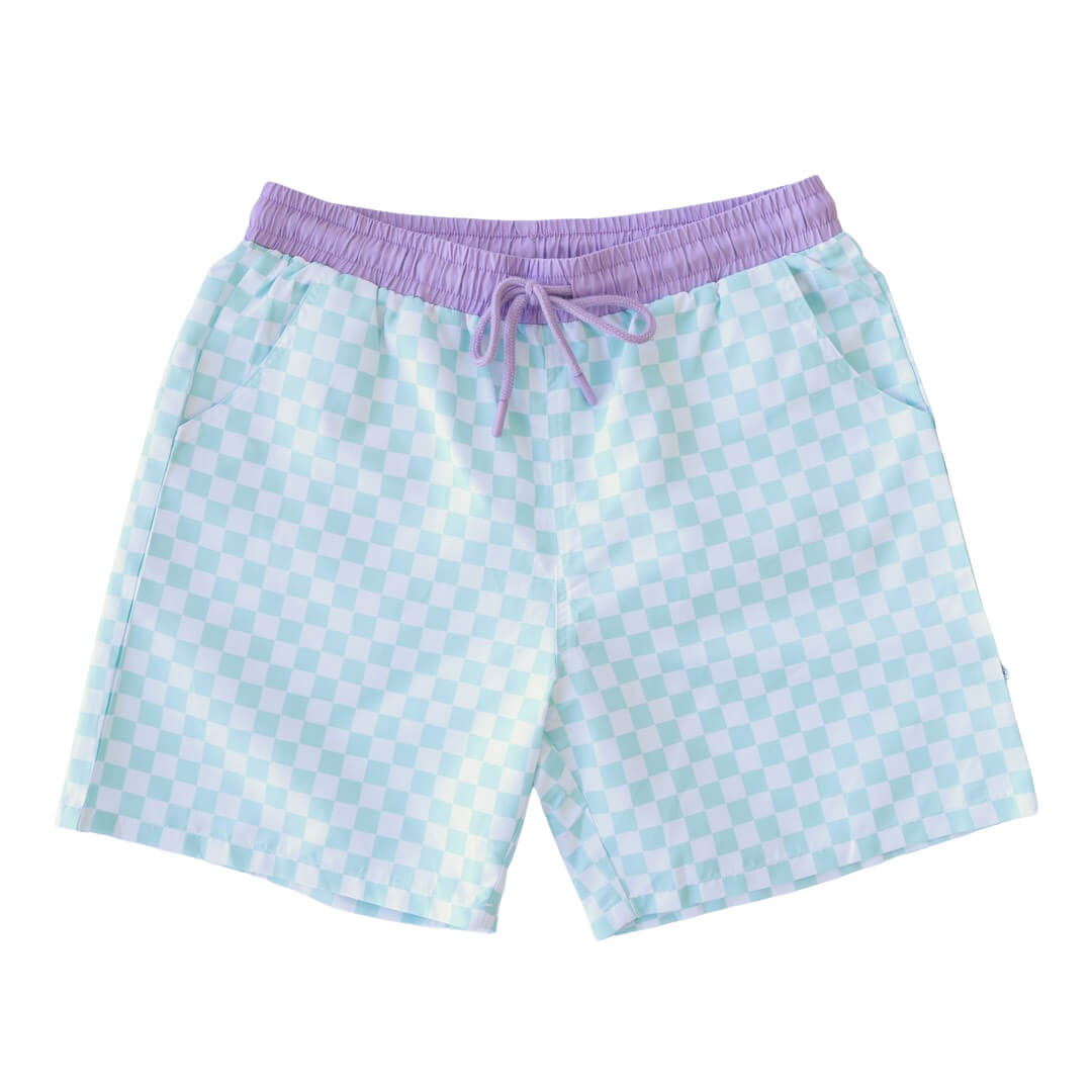 green and purple men's swim trunks with back pocket
