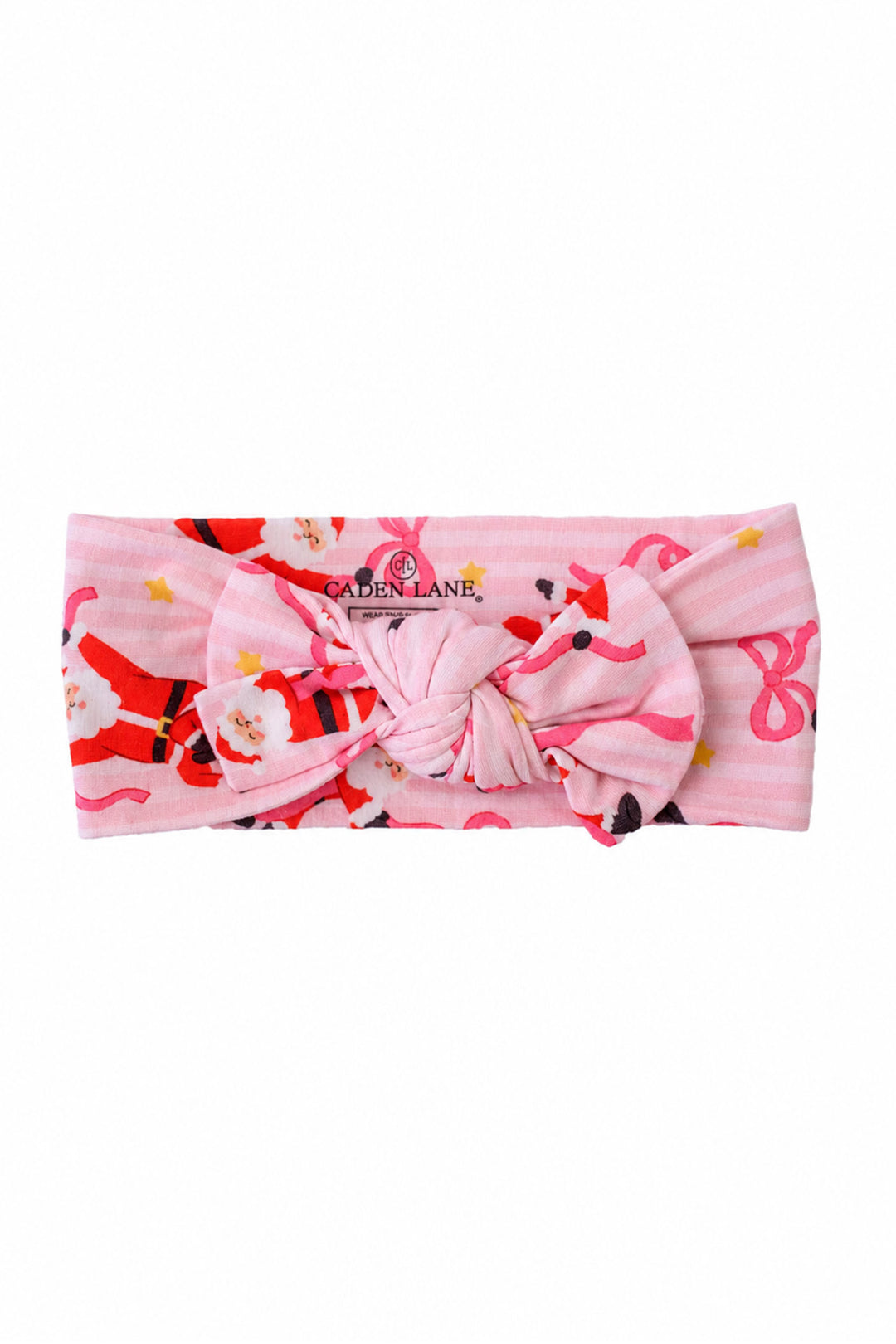 Caden Lane Jolly Ribbons Christmas Knit Large Bow Headwrap featuring festive Santas, ribbon bows, pink stripes, and a soft, stretchy knit fabric.