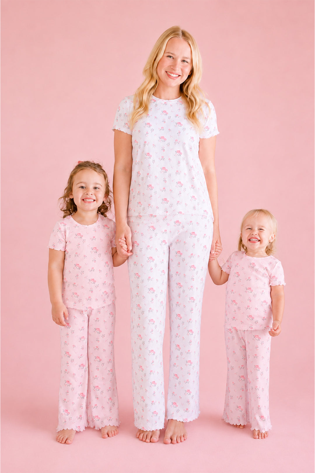 Caden Lane Rose Garden matching pajamas, mom and two daughters in white and pink floral pointelle pajama sets, mommy and me, standing