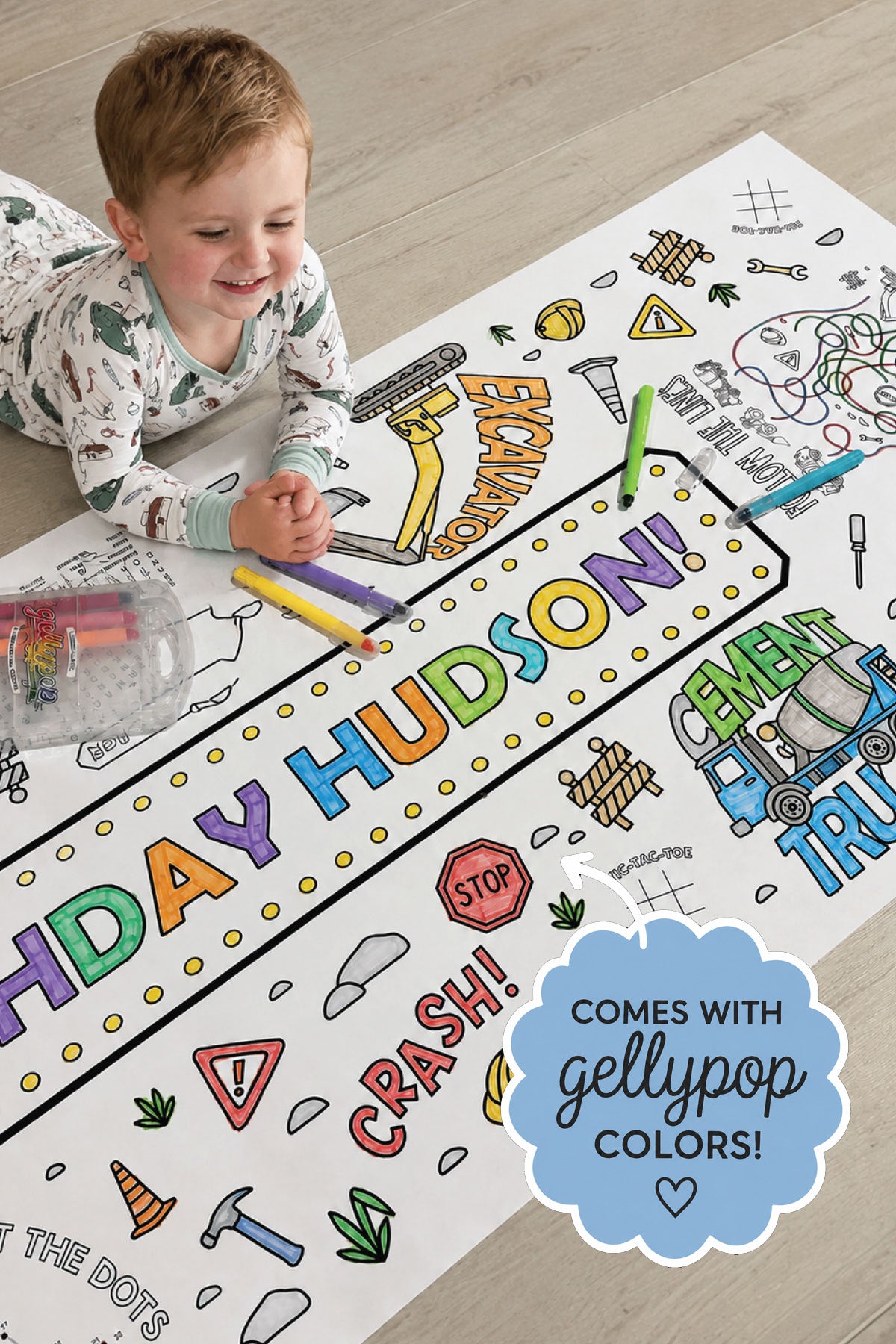 Giant Personalized Coloring Banner & Gellypop™ Crayon Set | Construction Zone