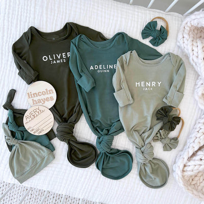 personalized baby name knot gown and hat set greens