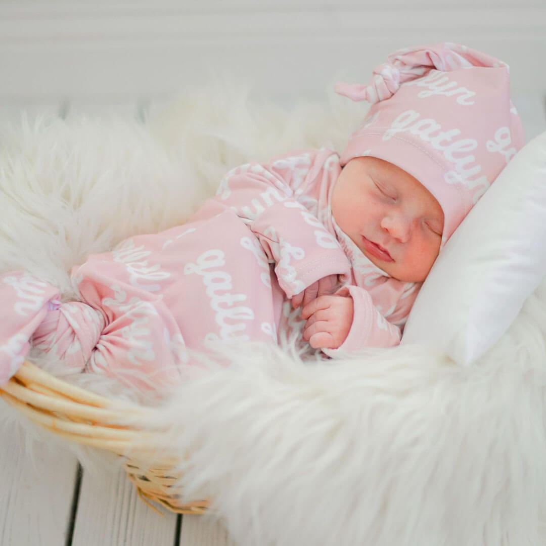 light pink personalized newborn knot gown and hat set 