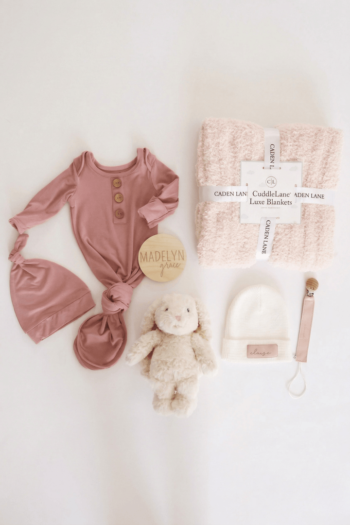 baby shower gift box bundle with knot gown, blanket, stuffed bunny toy, beanie and paci clip for girl