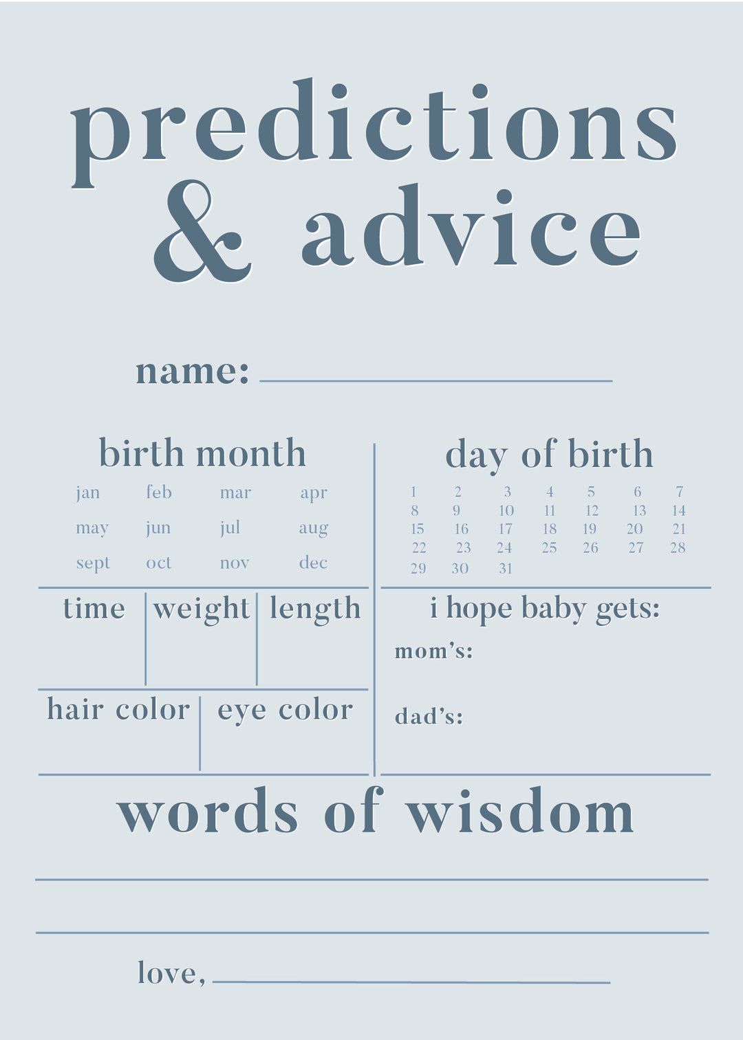 predication and advice baby shower game