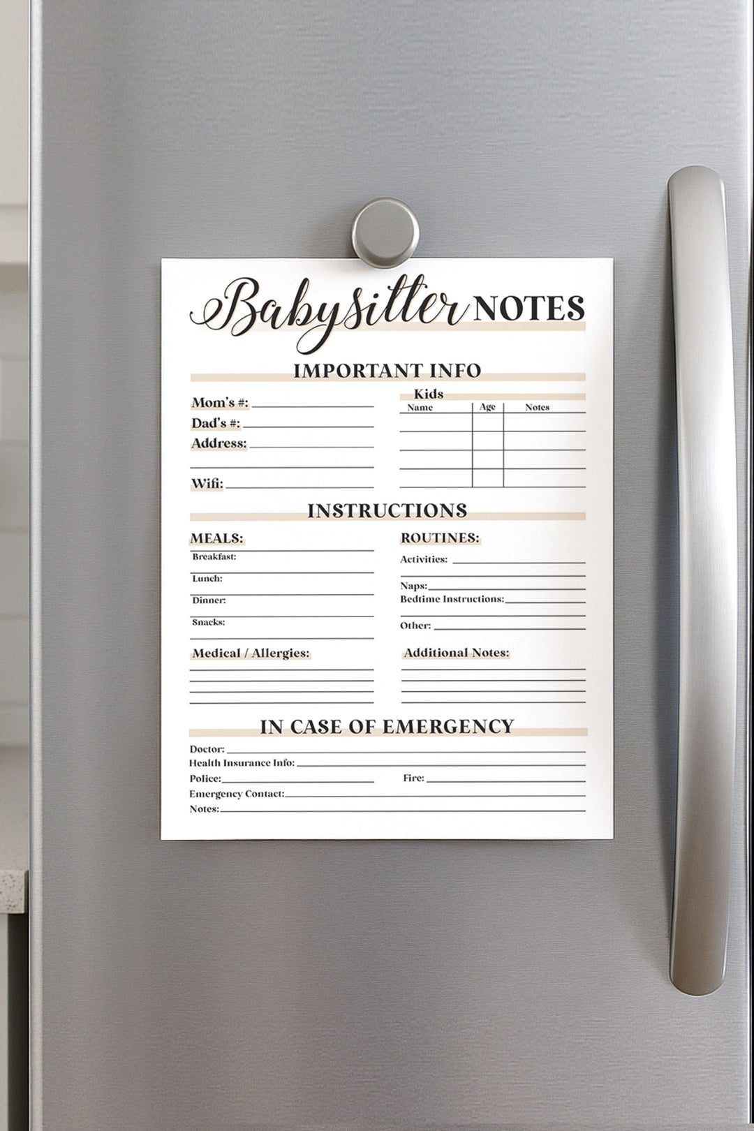 babysitter notes sheet