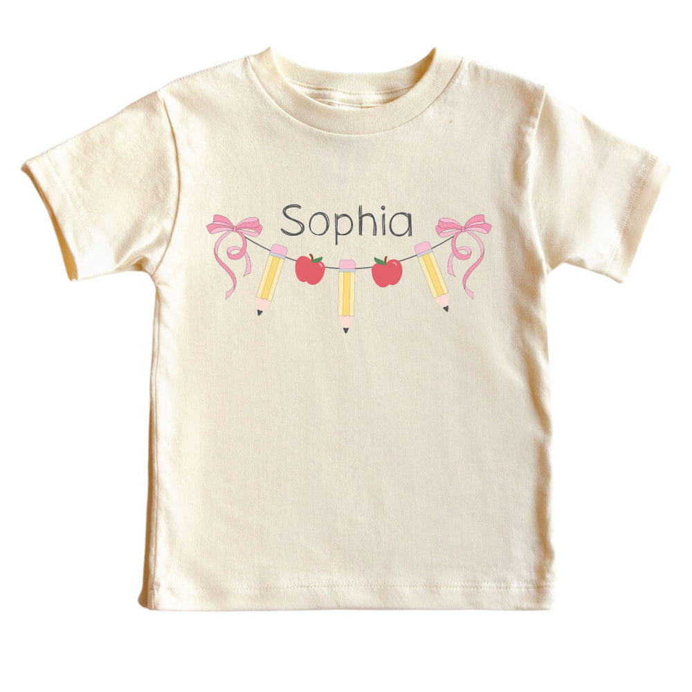 personalized back to school tee with name and bow, pencil and apple garland 