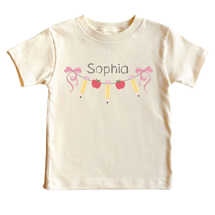 personalized back to school tee with name and bow, pencil and apple garland 