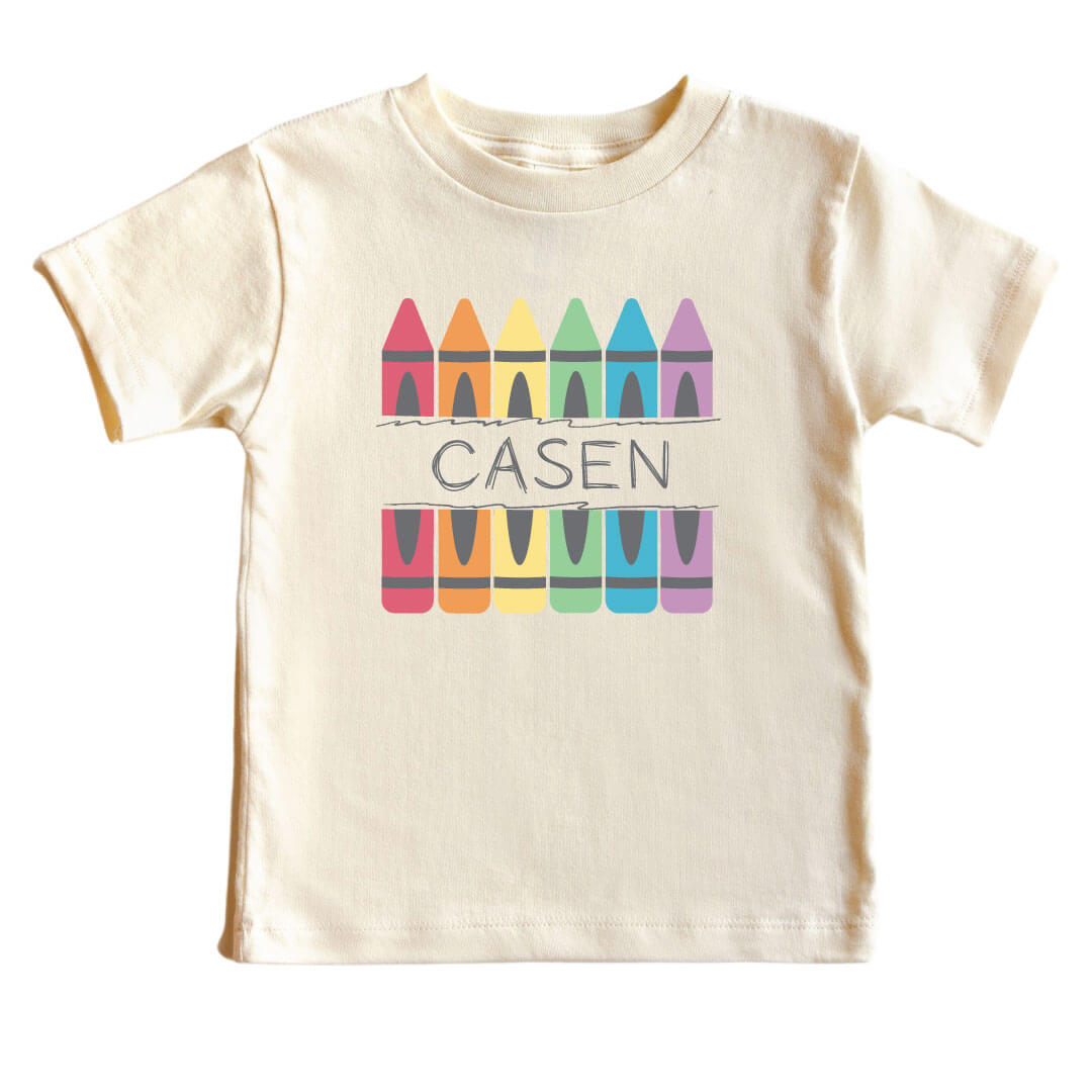 back to school personalized graphic tee with crayons 