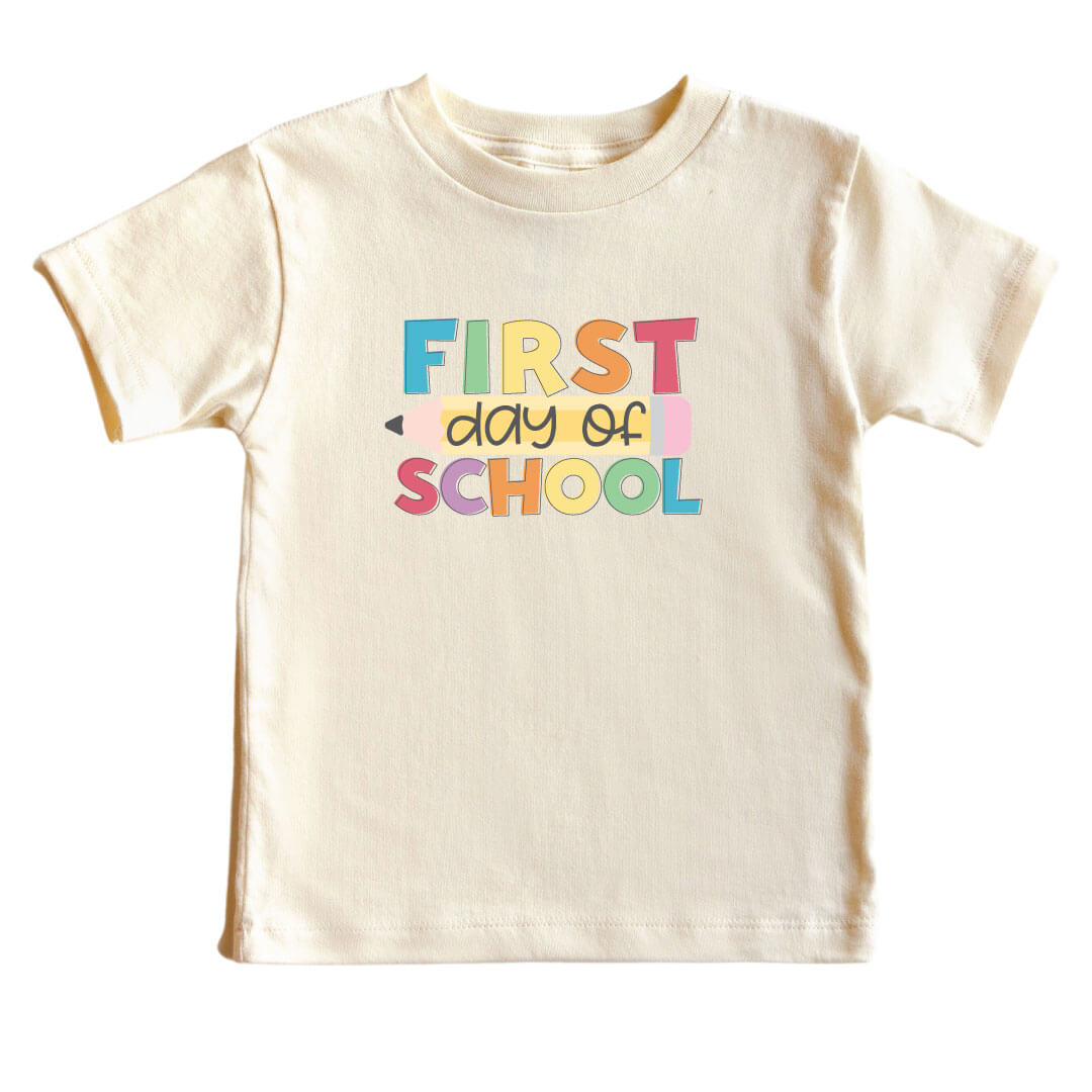 first day of school colorful font graphic tee for kids 