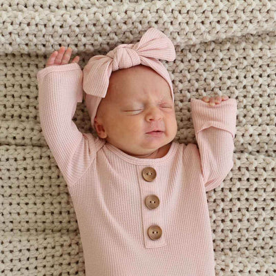 Lovely Pink Waffle Bamboo Newborn Baby Knot Gown & Hat Set | Caden Lane