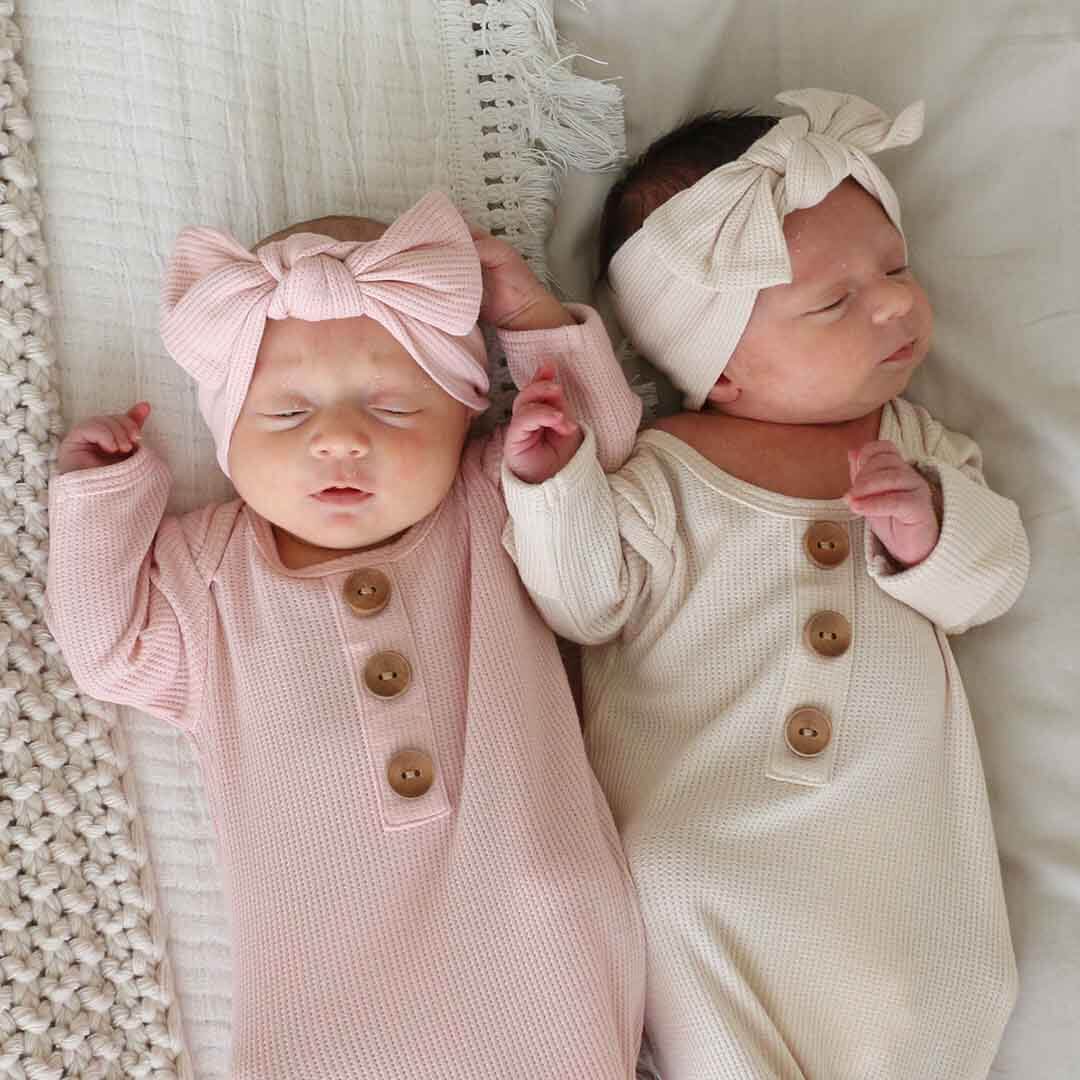 lovely pink waffle bamboo newborn baby knot gown and hat set 