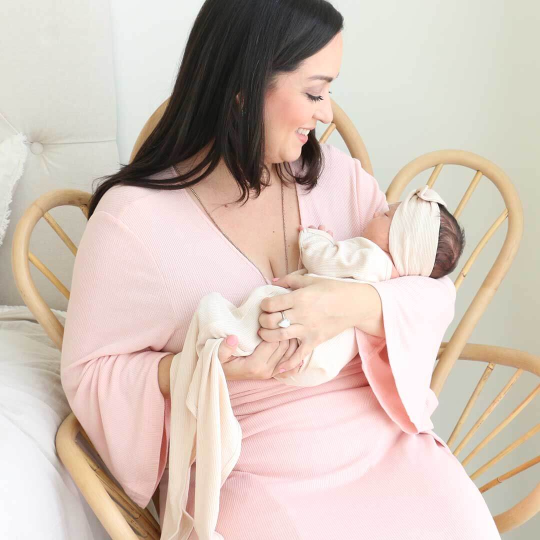 Lovely Pink Waffle Bamboo Knit Maternity Robe Caden Lane