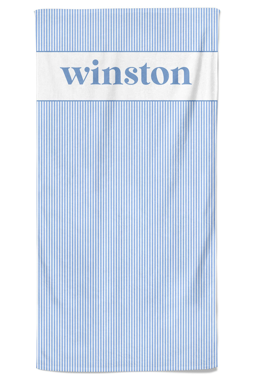 Morning Mist light blue and white striped personalized pet towel with Winston printed in navy serif font on white panel at top, full product shot on white background