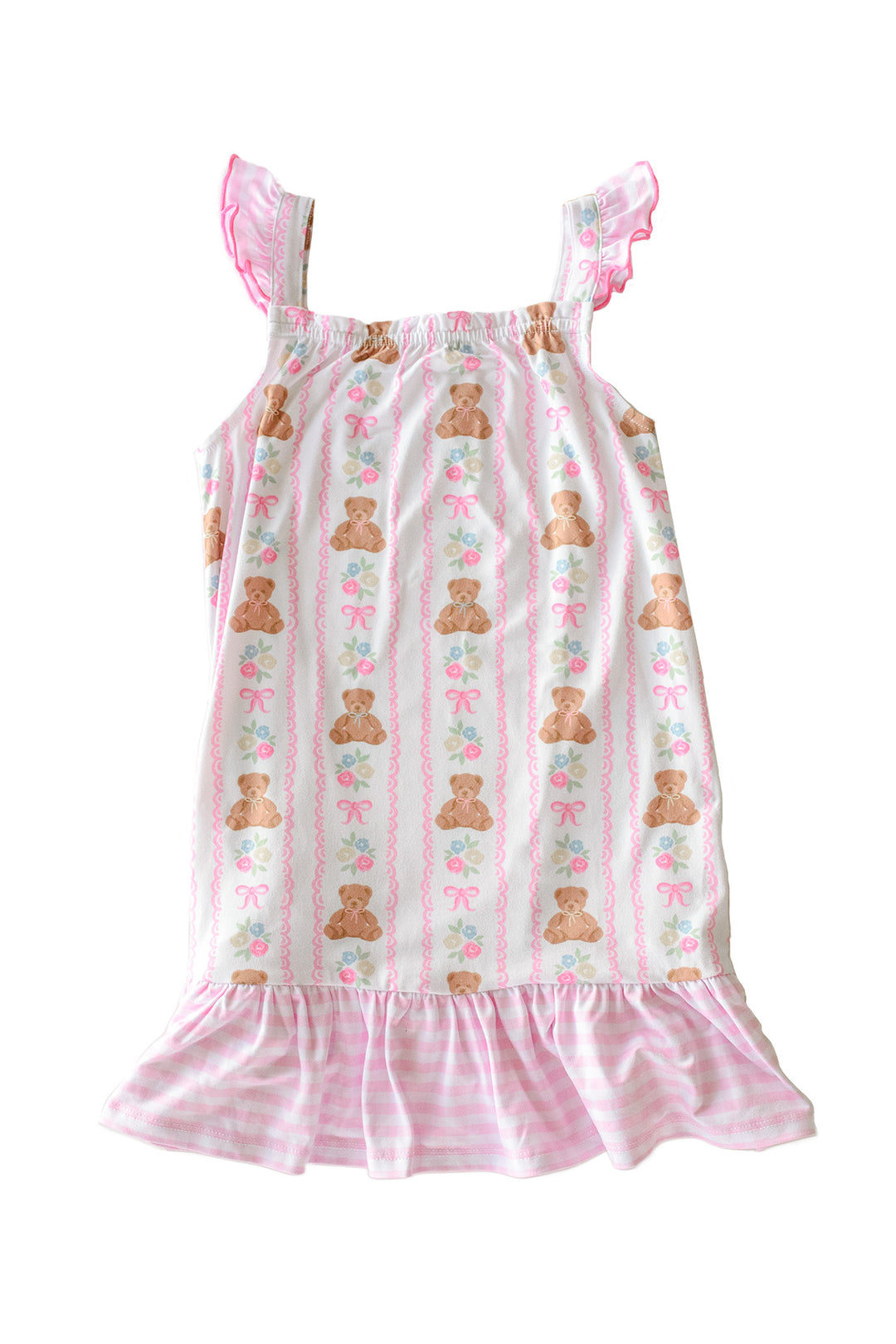 Full Length Ruffle Nightgown in Beary Lovely print, flat lay product shot on white background showing teddy bear and floral stripe pattern with pink ruffle hem