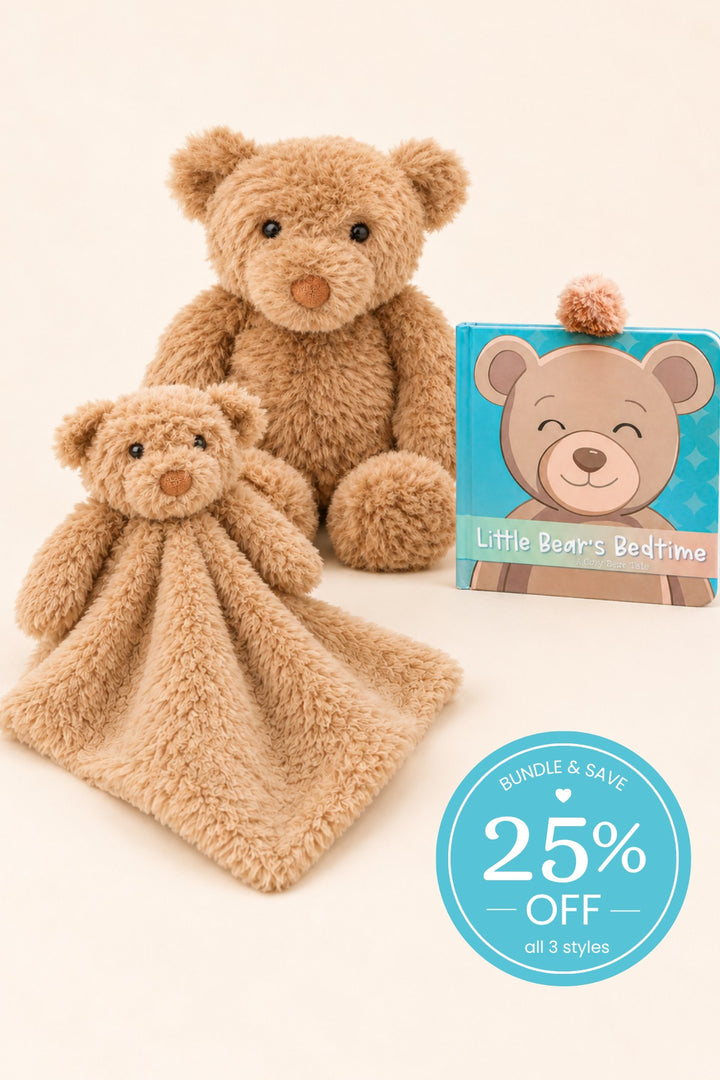 A Caden Lane plush brown teddy bear and matching bear lovey, paired with a "Little Bear's Bedtime" board book.