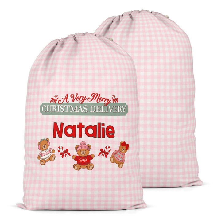 beary christmas pink personalized santa sack for kids 