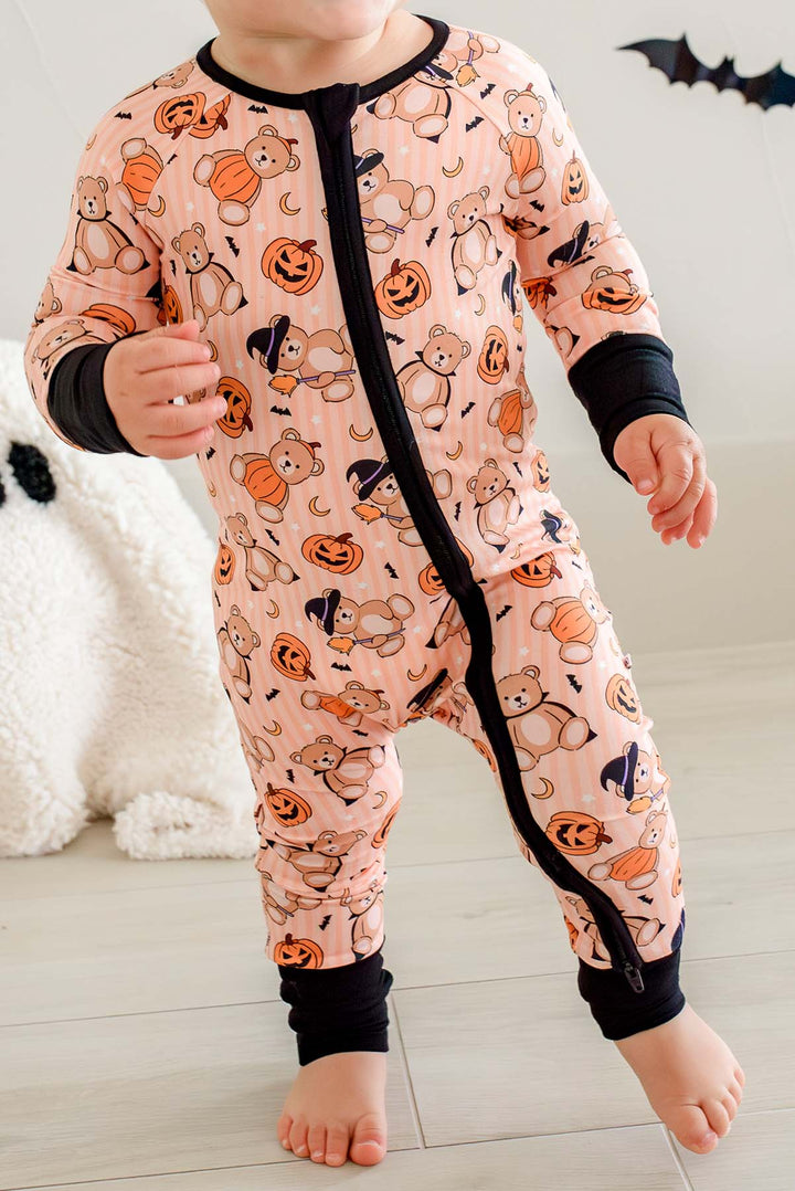 closeup of beary scary zip romper