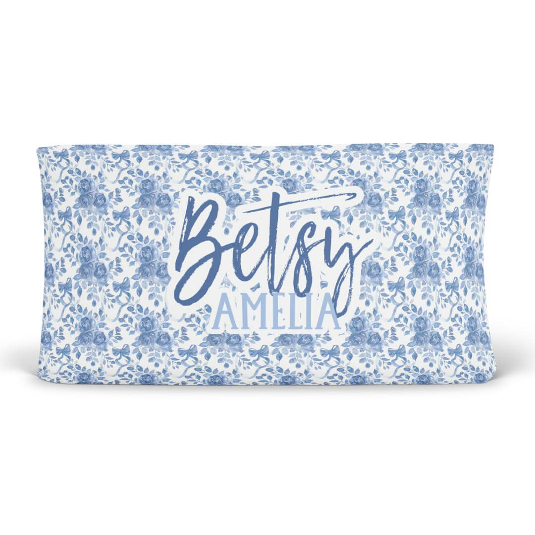 blue floral and bow personalized changing pad cover 