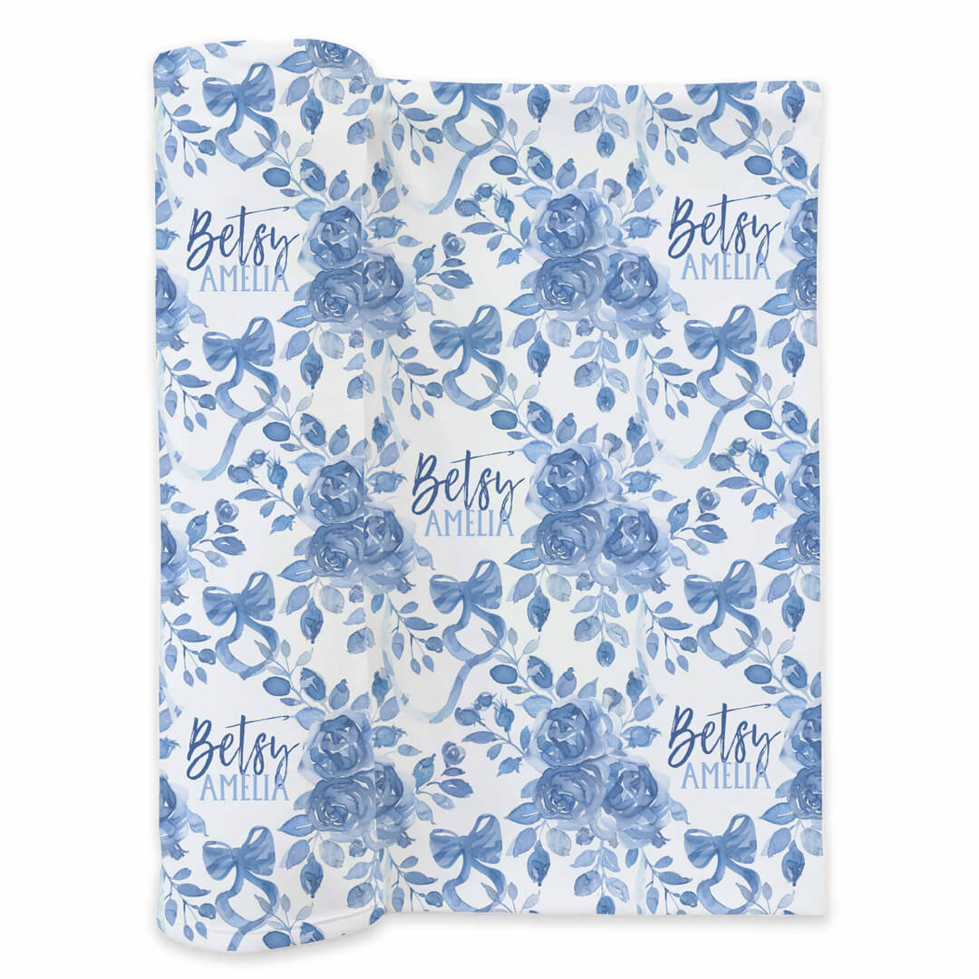 blue and white floral personalized baby girl swaddle blanket 