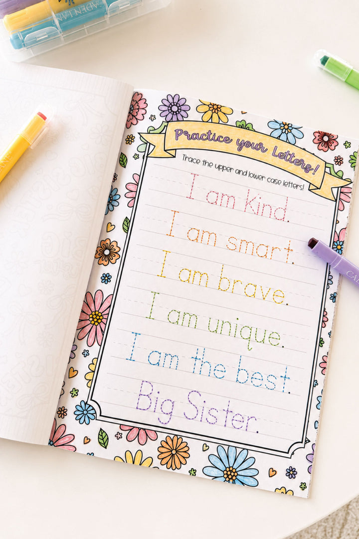 Interior page of the Caden Lane Best Big Sister coloring book showing a "Practice Your Letters" tracing activity with affirmations like "I am kind" and "I am brave."