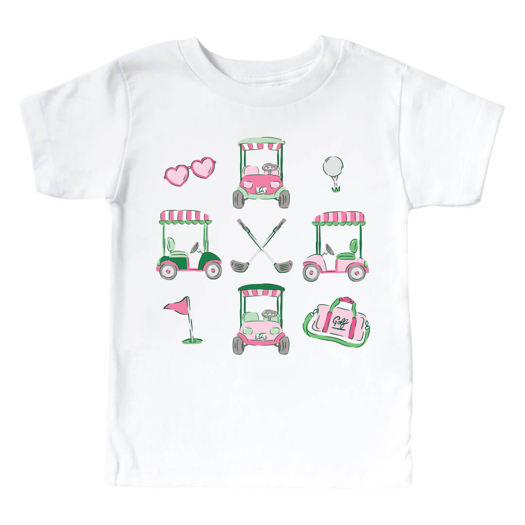 golf club, golf cart and flag graphic tee for girls 